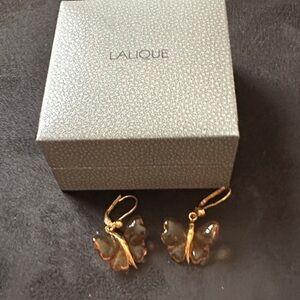 Lalique Amber-Toned Butterfly Drop Earrings with Gold Accents